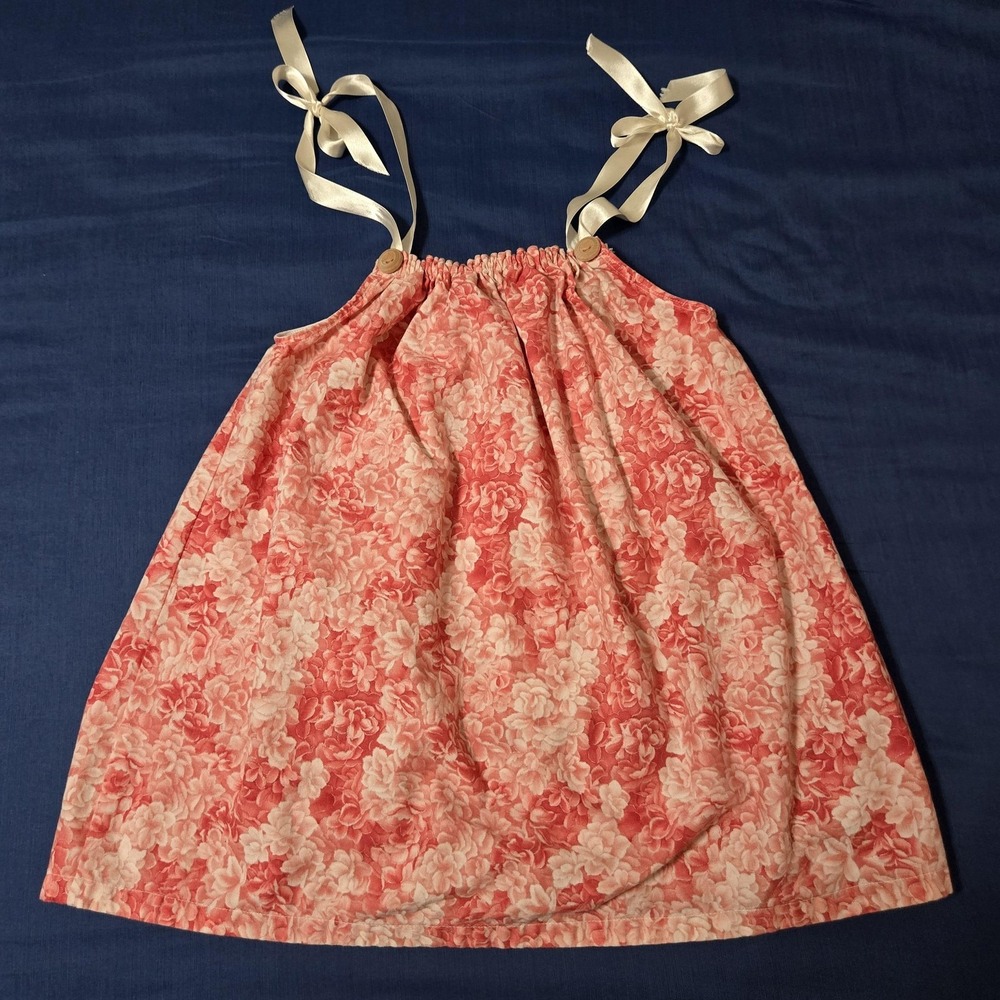 Sundress Girls 4T Pink Floral Cotton Sleeveless Tie Strap Knee Length Summer - Picture 1 of 9